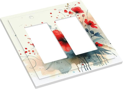 Vintage Floral Red Watercolor Modern Decorative Outlet Covers 2 Gang Double GFCI Rocker Light Switch Cover Plate Electrical Wall Panels for Bedroom Bathroom Decor