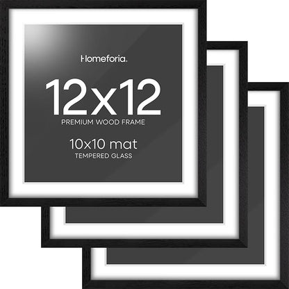 Homeforia 12x12 Black Wood Frame Matted to 10x10 Print, High End Oak 12 x 12 Square Picture Frame with Mat 10 x 10 for Photo, 12by12 Black Wooden Thin Poster Frames, Tempered Glass, Wall Kit, Set of 3