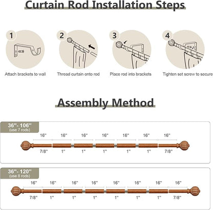 Reddish-Brown Wood Curtain Rods for Windows 66 to 120 Inch, 1'' Adjustable Heavy Duty Curtain Rod，Vintage Imitation Wood Decorative Drapery Rods with Pumpkin Finials for Bedroom Living Room