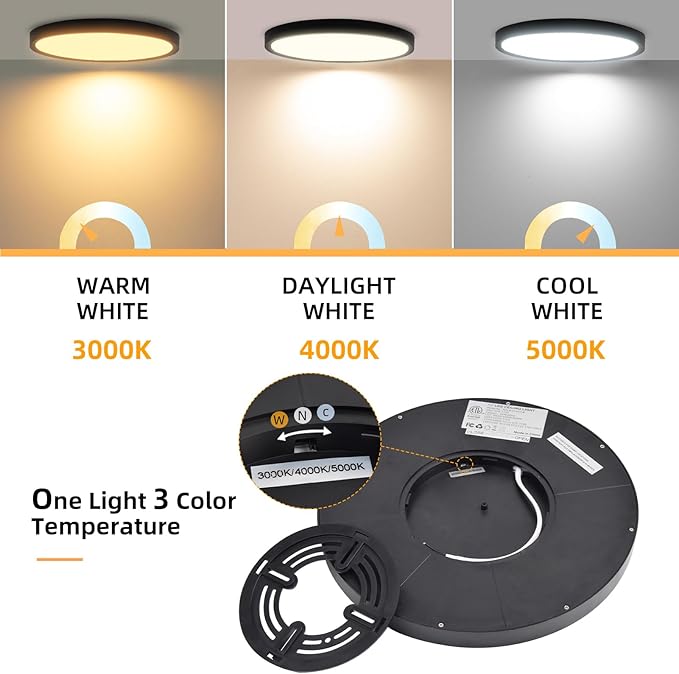 Hlite 2pack 12 inch Flush Mount LED Ceiling Light Fixture,24W 2400LM Super Slim Light Fixtures Ceiling Mount 3000K/4000K/5000K 3CCT Selectable,Light Fixtures for Kitchen,Bedroom (Black)