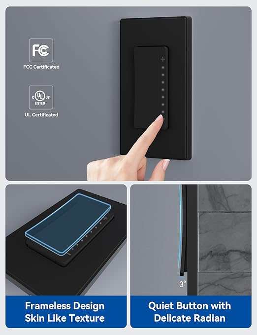 ELEGRP Single Pole Smart Dimmer Light Switch DPR10, 2.4GHz Wi-Fi Dimmer Switch Compatible with Alexa and Google Assistant, Needs Neutral Wire, No Hub Required, UL and FCC Listed, Black, 2 Pack