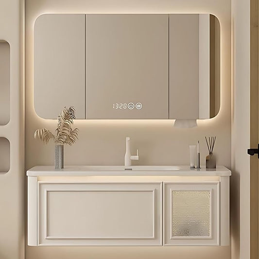 36IN Wall Mounted Bathroom Vanity Set - Wood Bathroom Vanities has Tissue Hole Design | Includes Smart Defogging Mirror Cabinet & Time Display, Rounded Corners, Glass Cabinet Doors (Style A)