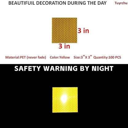 Non Fading Yellow Reflective Stickers 3 inch X 3 inch, Outdoor Waterproof High Visibility Warning Safety Adhesive Reflector Tape (100 Pcs)