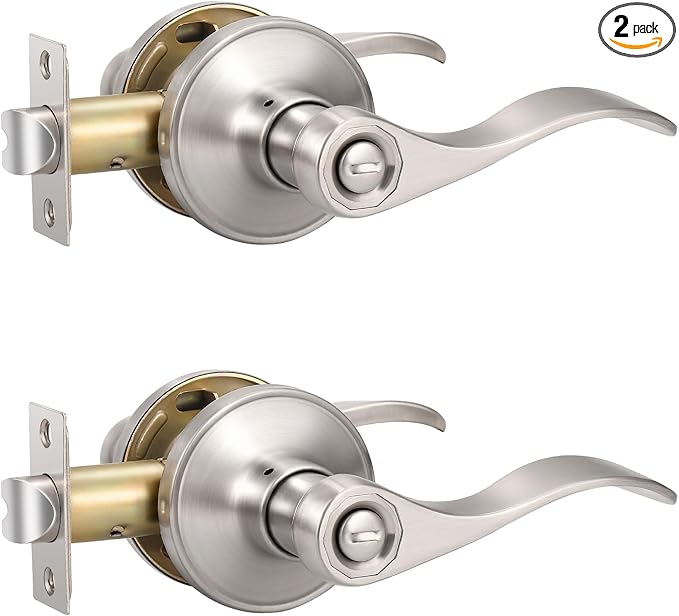 Knobonly 2 Pack Brushed Satin Nickel Door Lever Privacy Door Handles, Zinc Alloy Door Handle Interior, Keyless Lock for Bedroom or Bathroom