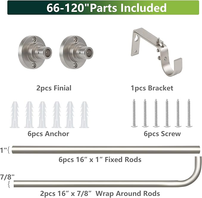 Nickel Wrap Around Curtain Rods 66 to 120In:Blackout Heavy duty Adjustable Window Curtain Rod for Bedroom,Industrial Darkening Curved French Metal Single Drapery Rods Easy Install,Satin Nickel