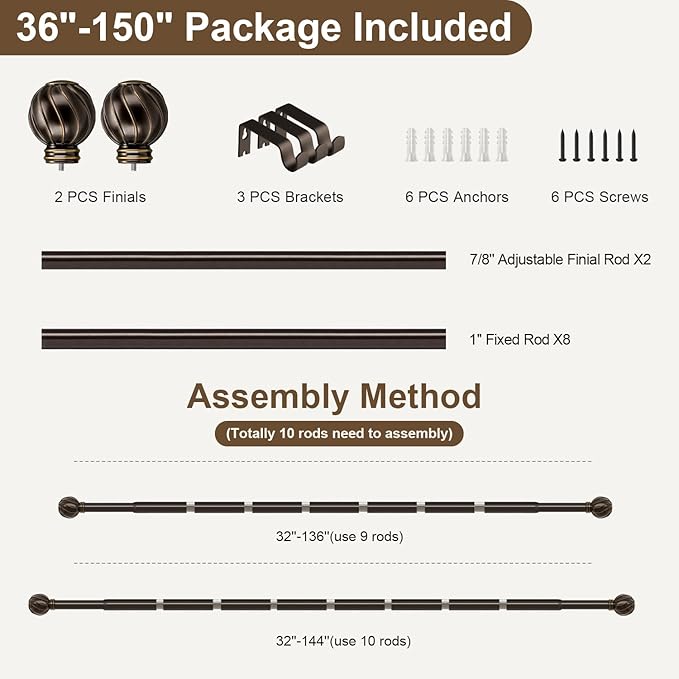Brown Curtain Rods for Windows 72 to 144 Inch 7/8" Diamete Heavy Duty Adjustable Window Curtain Rod with Decorative Finials for Farmhouse Bedroom Living Room Kitchen Outdoor