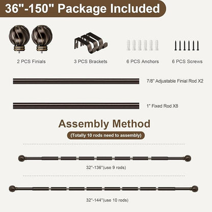 Brown Curtain Rods for Windows 72 to 144 Inch 7/8" Diamete Heavy Duty Adjustable Window Curtain Rod with Decorative Finials for Farmhouse Bedroom Living Room Kitchen Outdoor