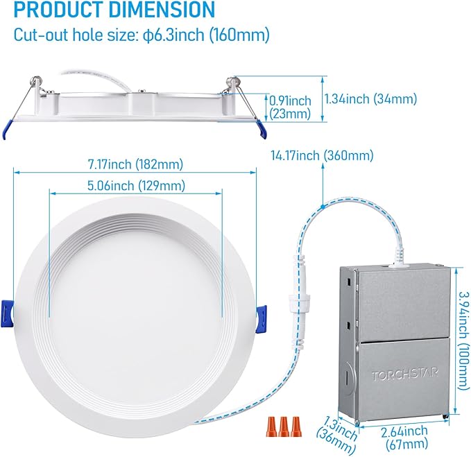 TORCHSTAR 8-Pack 5CCT 6 Inch Slim LED Recessed Lighting with J Box, Anti-Glare Baffle Trim, 12W 1000LM, Aluminum CRI90 Dimmable Ceiling Downlight, Air Tight & IC Rated, 2700K3000K3500K4000K5000K, ETL