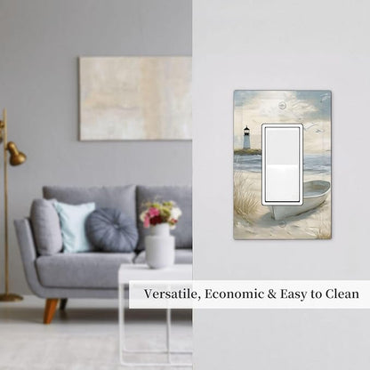 Decorative Outlet Covers Seascape Painting with Lighthouse Boats 1 Gang Rocker Light Switch Covers Single Decora GFCI Device Wall Plate for Bedroom Home Decor （2 Pack）