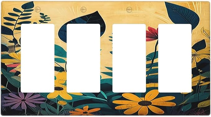 Abstract Minimalist Floral Botanical Boho Flower 4 Gang Wall Plates Outlet Covers Quad Rocker Light Switch Cover Plate Decorative Switch Plates GFCI Electrical Faceplate 4.5 X 8 IN