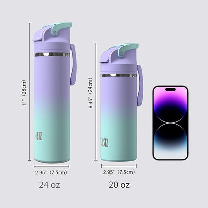 OISIZ Insulated Water Bottle 20 oz with 2 in 1 Spout and Straw Lid,One Click Safety Lock,100% Leakproof,Keep Cold 24H,Vacuum Stainless Steel Water Bottle for School,Travel and Sports,Dishwasher Safe