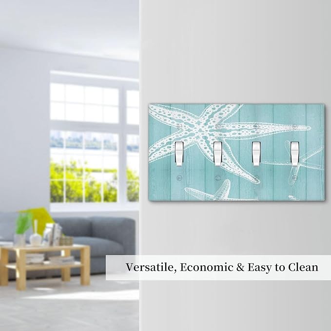 Decorative Light Switch Cover Plate Starfish Teal Wood Board Nautical 4 Gang Wall Plates for Electrical Outlets Quad Toggle Switch Plate Covers Outlet Covers Faceplate for Bedroom Home Decor