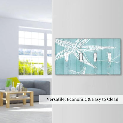 Decorative Light Switch Cover Plate Starfish Teal Wood Board Nautical 4 Gang Wall Plates for Electrical Outlets Quad Toggle Switch Plate Covers Outlet Covers Faceplate for Bedroom Home Decor