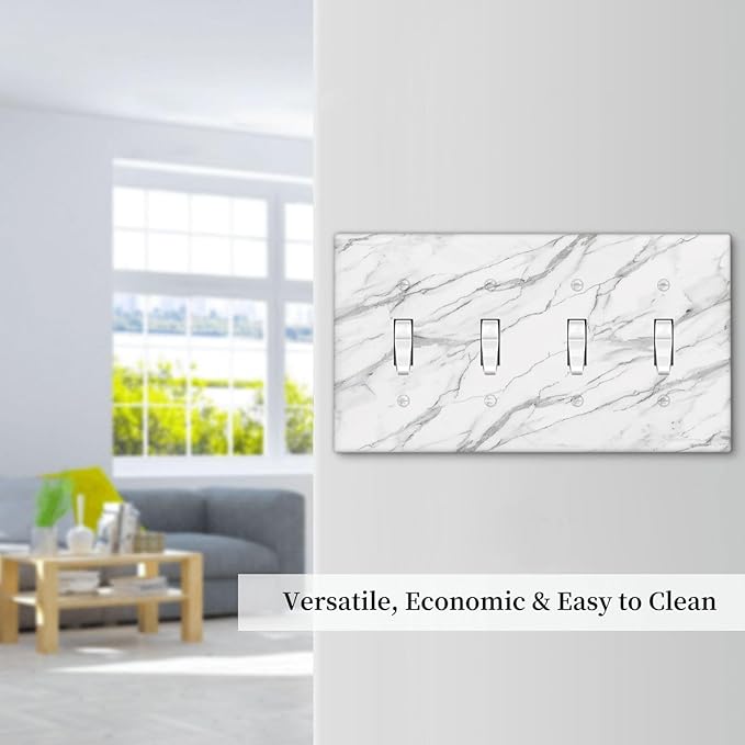 Decorative Light Switch Cover Plate Modern Grey Marble Texture 4 Gang Wall Plates for Electrical Outlets Quad Toggle Switch Plate Covers Outlet Covers Faceplate for Bedroom Home Decor