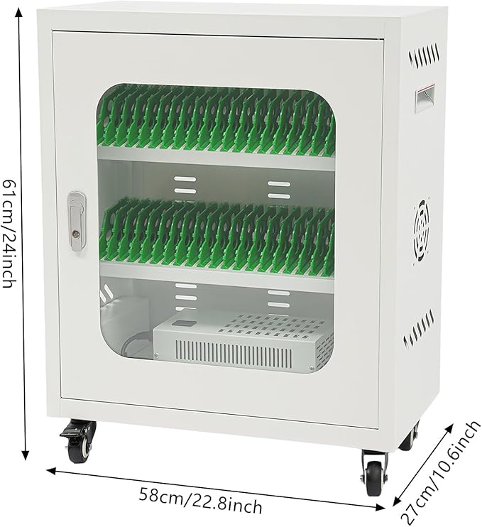 40-Port Mobile Phone Charging Station Cart - Heavy Duty Charging Cabinet for Schools & Offices, 400W Rechargeable Cellphone Locker Storage Lockable Tempered Glass Door & Wheels (White)