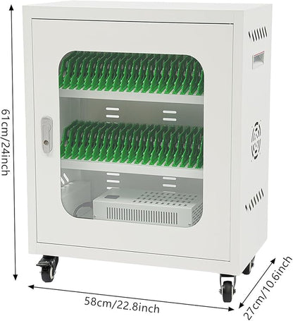 40-Port Mobile Phone Charging Station Cart - Heavy Duty Charging Cabinet for Schools & Offices, 400W Rechargeable Cellphone Locker Storage Lockable Tempered Glass Door & Wheels (White)
