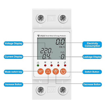 eMylo Single-Phase Smart Energy Meter 63A 80-400V - Circuit Breaker & Leakage Protection, 2.4G WiFi Electricity Monitor with Tuya APP Remote Control for Home, Apartment, Factory