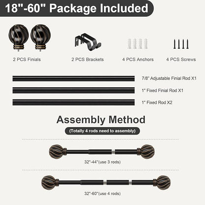 Black Curtain Rods for Windows 28 to 48 Inch 7/8" Diamete Heavy Duty Adjustable Window Curtain Rod with Decorative Finials for Farmhouse Bedroom Living Room Kitchen Outdoor