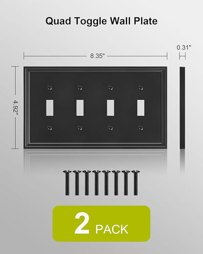 2-Pack Quad Toggle Light Switch Cover Plate, Black Decorative Switch Plate Covers, Natural Bamboo Fiber 4 Gang Wall Plate, Corrosion Resistant