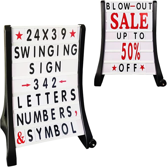 24"x39" Changeable Message Board Sidewalk Sign, Standard Portable A-Frame Sign & Letter Kit for Outdoor,Business, Large Black Standing Frame with Wheels, Water-Fillable and Wind-Resistant