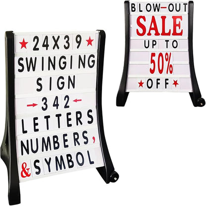 24"x39" Changeable Message Board Sidewalk Sign, Standard Portable A-Frame Sign & Letter Kit for Outdoor,Business, Large Black Standing Frame with Wheels, Water-Fillable and Wind-Resistant
