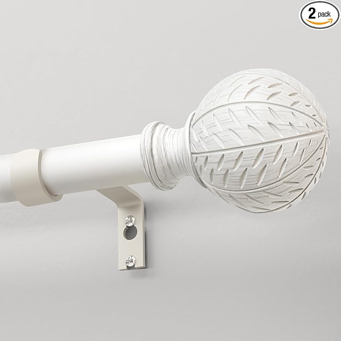 2 Pack Antique White Ball Curtain Rods for Windows 28 to 48 Inch,1 Inch Heavy Duty Adjustable Curtain Rod,Boho Decorative Drapery Rods Set with Brackets,Size:18''-60''