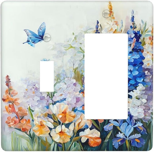 Decorative Outlet Covers Rustic Colorful Floral Garden Flowers 2 Gang Wall Plate Single Toggle 1 Rocker Light Switch Cover Switch Plate Covers Faceplate for Country Bedroom Home Decor