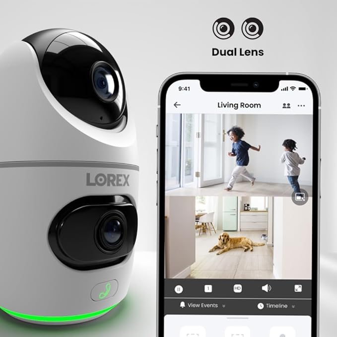 Lorex 2K Dual Lens Indoor Wi-Fi Security Camera | Auto-Tracking | 360° Pan-Tilt | Person & Pet Detection | IR Night Vision | 2-Way Talk | Cloud & 32GB Local Storage