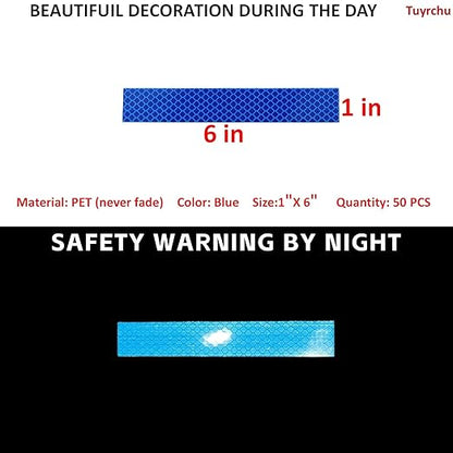 Non Fading Blue Reflective Stickers 1 inch X 6 inch, Outdoor Waterproof High Visibility Warning Safety Adhesive Reflector Tape (50 Pcs)