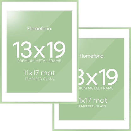Homeforia 13x19 Picture Frame Sage Green, High End Metal 13x19 Poster Frames with Mat 11x17 inch Photo, 13 x 19 Sage Green Frame Matted to 11 by 17 Art, 19x13 Frame, Tempered Glass, Wall Kit, Set of 2