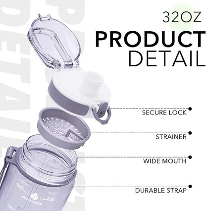 32oz Water Bottle with Time Marker, Motivational Drinking Bottle with Strap, BPA-Free Leak-Proof, Encouraging Water Bottle Time to Drink Water for Gym School Office Travel