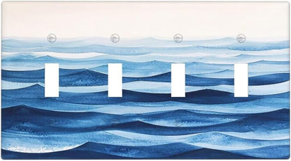 Light Switch Cover Plate Blue Watercolor Textured Abstract Ocean Wave 4 Gang Quad Toggle Wall Plate Electrical Outlet Cover Decorative Switch Plate Covers for Bedroom living Room Decor