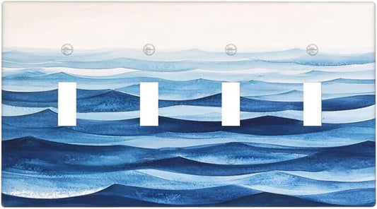 Light Switch Cover Plate Blue Watercolor Textured Abstract Ocean Wave 4 Gang Quad Toggle Wall Plate Electrical Outlet Cover Decorative Switch Plate Covers for Bedroom living Room Decor