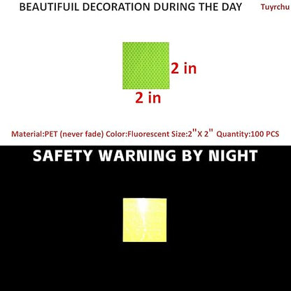 Non Fading Fluorescent Yellow Reflective Stickers 2 inch X 2 inch, Outdoor Waterproof High Visibility Safety Adhesive Reflector (100 Pcs)