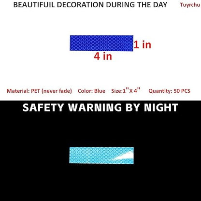 Non Fading Blue Reflective Stickers 1 inch X 4 inch, Outdoor Waterproof High Visibility Warning Safety Adhesive Reflector Tape (50 Pcs)
