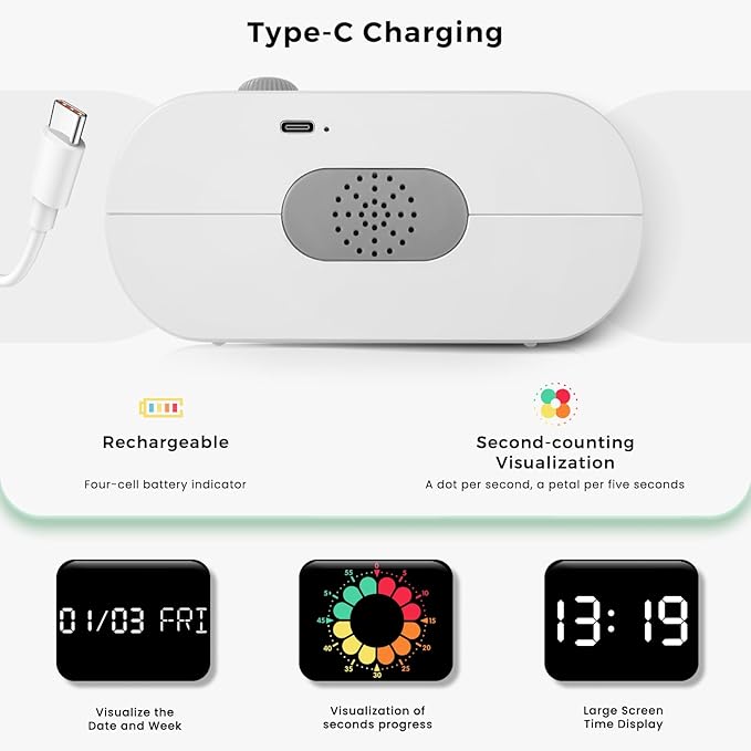 Mooking Digital Visual Timer for Kids, Large LED Digital Alarm Clock for Bedrooms, Rechargeable 199-Minute Silent Countdown Timers, Focus & Smoother Routines, Fitness Baking Studying Teaching