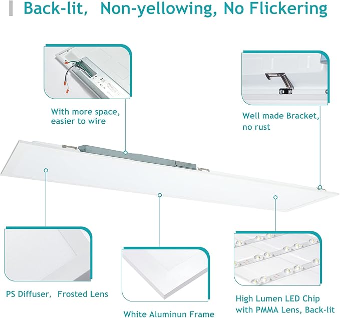 1x4 LED Flat Panel Light 5000K 4000K 3000K - 1x4 LED Troffer Drop Ceiling Light Fixture, 0-10V Dimmable, 100-277V, ETL Listed, 4 Pack