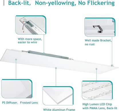 1x4 LED Flat Panel Light 5000K 4000K 3000K - 1x4 LED Troffer Drop Ceiling Light Fixture, 0-10V Dimmable, 100-277V, ETL Listed, 4 Pack
