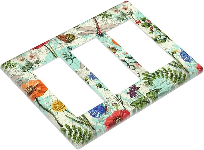 Dragonflies Flowers Butterfly 3 Gang Triple Rocker Outlet Light Switch Cover Decorative Wall Plate Cover For Home Living Bedroom Kitchen Decorative