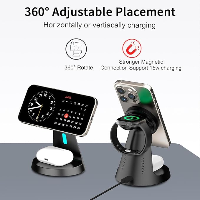 3 in 1 Wireless Charging Station for Apple Magsafe Charger Stand,Fast Magnetic Wireless Charger Station for iPhone 17 Air 16 15 14 13 12 Series,Airpods,Apple Watch