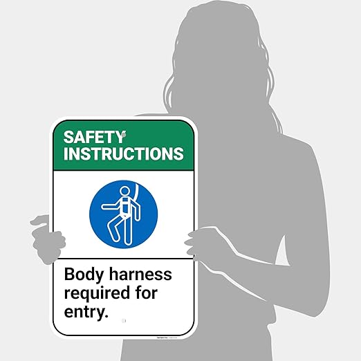 Safety Instructions Body Harness Required for Entry Sign, 12x18 Inches, Rust Free .063 Aluminum, Fade Resistant, Made in USA by Sigo Signs