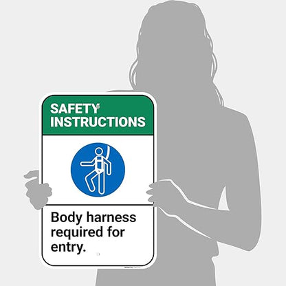 Safety Instructions Body Harness Required for Entry Sign, 12x18 Inches, Rust Free .063 Aluminum, Fade Resistant, Made in USA by Sigo Signs