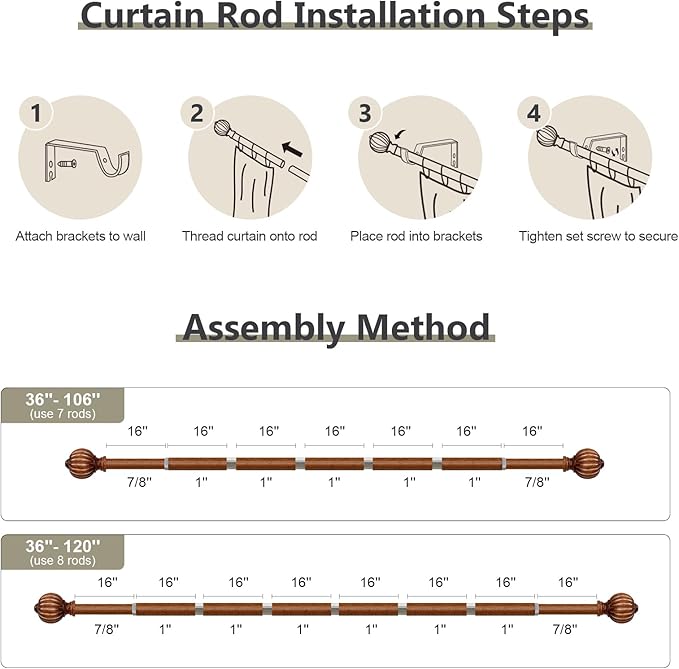 Dark Brown Wood Curtain Rods for Windows 66 to 120 Inch, 1'' Adjustable Heavy Duty Curtain Rod，Vintage Imitation Wood Decorative Drapery Rods with Pumpkin Finials for Bedroom Living Room