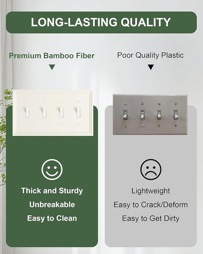 2-Pack Quad Toggle Light Switch Cover Plate, Light Almond Decorative Switch Plate Covers, Natural Bamboo Fiber 4 Gang Wall Plate, Corrosion Resistant