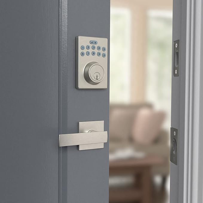 Amazon Basics Contemporary Electronic Keypad, Keyless Entry Door Lock Deadbolt with Handle Set, Key Pad Front Door with Knob, Contemporary Door Locks for Front Door, Door Handle, Satin Nickel, 1-Pack