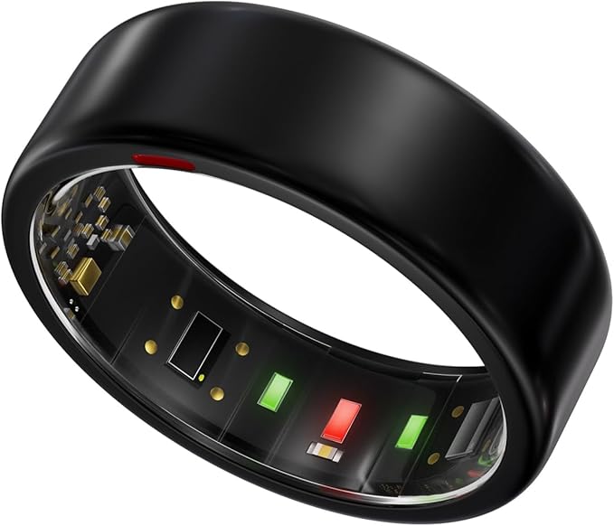 Smart Ring for Women Men- Sleep/Fitness/Stress/Heart Rate Tracker- Menstrual Records - 7 Days Battery Life - Wireless Charging - No APP Subscription - iOS & Android Compatible (Black, Size 11)
