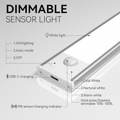 Under Cabinet Lighting, 3 Color Magnetic Motion Activated Under Cabinet Lights, Rechargeable Closet Lights 2500mAh Battery Operated, Wireless Dimmable Under Counter Lights for Kitchen,Hallway 4 Pack