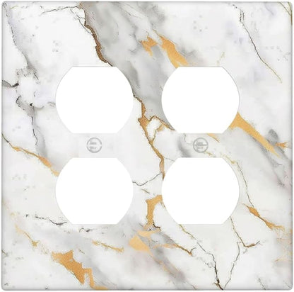 Outlet Covers Marbling Style White Background Gold Gray Stripes 2 Gang Double Duplex Decorative Light Switch Covers Electrical Wallplates Socket Faceplate For Bathroom Kitchen Decor