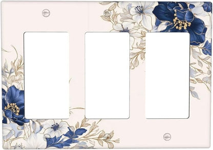 Decorative Outlet Covers Rustic Blue White Flowers Floral Penoy 3 Gang Wall Plate Triple Rocker Light Switch Cover Plate Jumbo Electrical GFCI Face Plate for Bedroom Home Decor