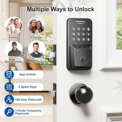 Keyless Entry Door Lock with 2 Door Knobs & Electronic Backlit Keypad, App Control Deadbolt Lock Support One-Touch Locking & Auto Locking,Easy Install, Anti-Peeping Code (01-Black)